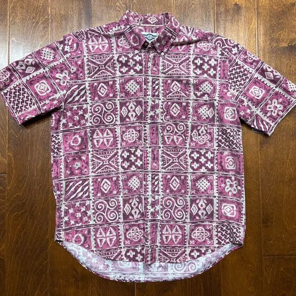 Gulf Traders Vintage 80s Pink White Abstract Button Front Shirt Mens Size Medium - Picture 3 of 8